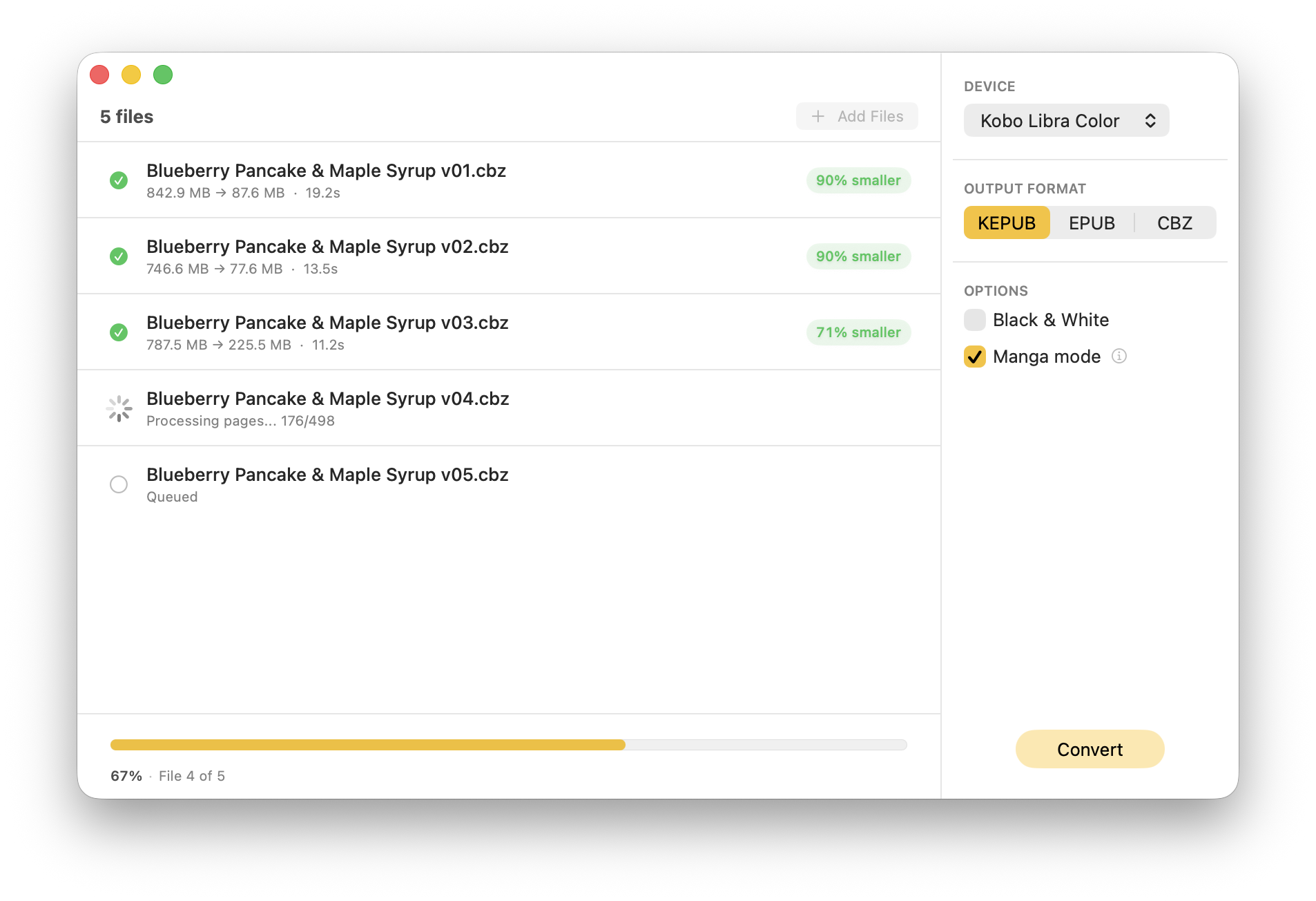 ComicsFit app showing 5 CBZ files being optimized for a Kobo Libra Color, with 90% file size reduction